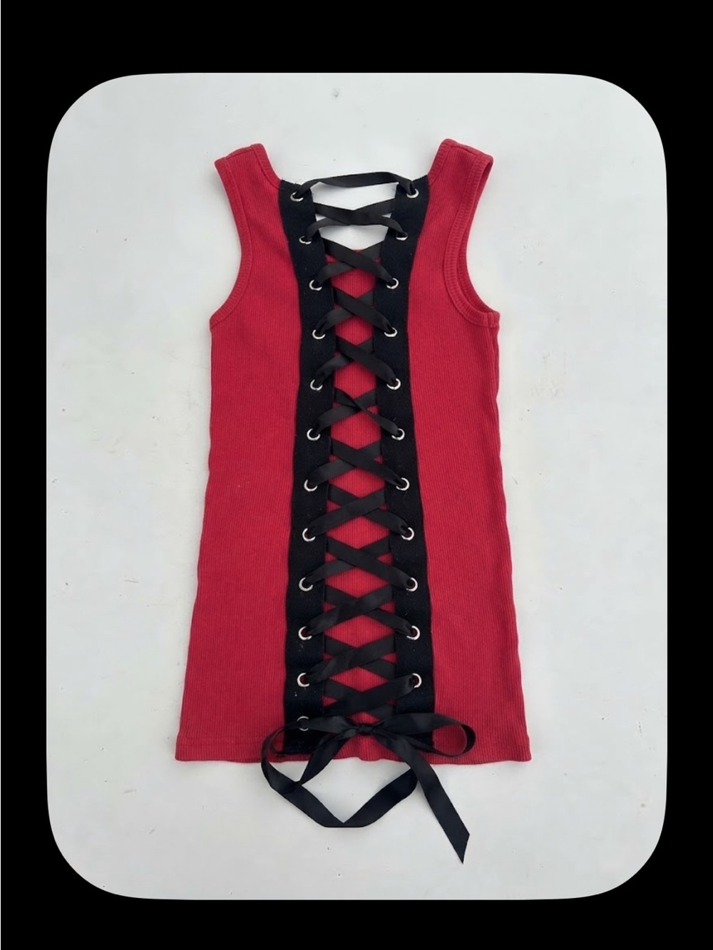 Vintage 90s Y2K Folter Red Ribbed Tank Top Black Ribbon Lace Up Open Back Size S